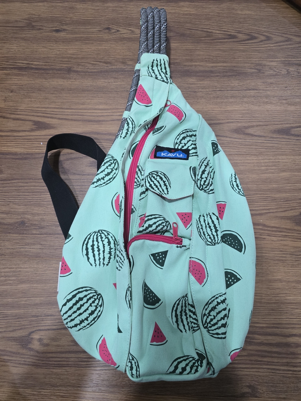 Kavu Mint Green Watermelon Print Sling Backpack with Pink Accents